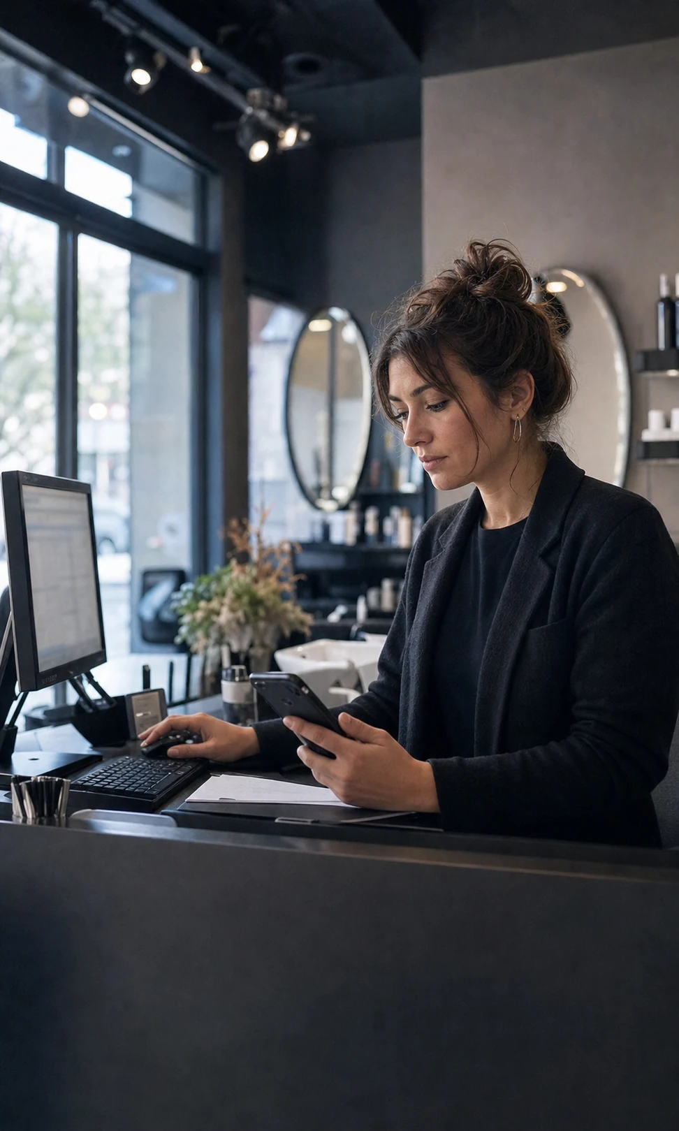 A salon administrator checking bookings at the reception desk.