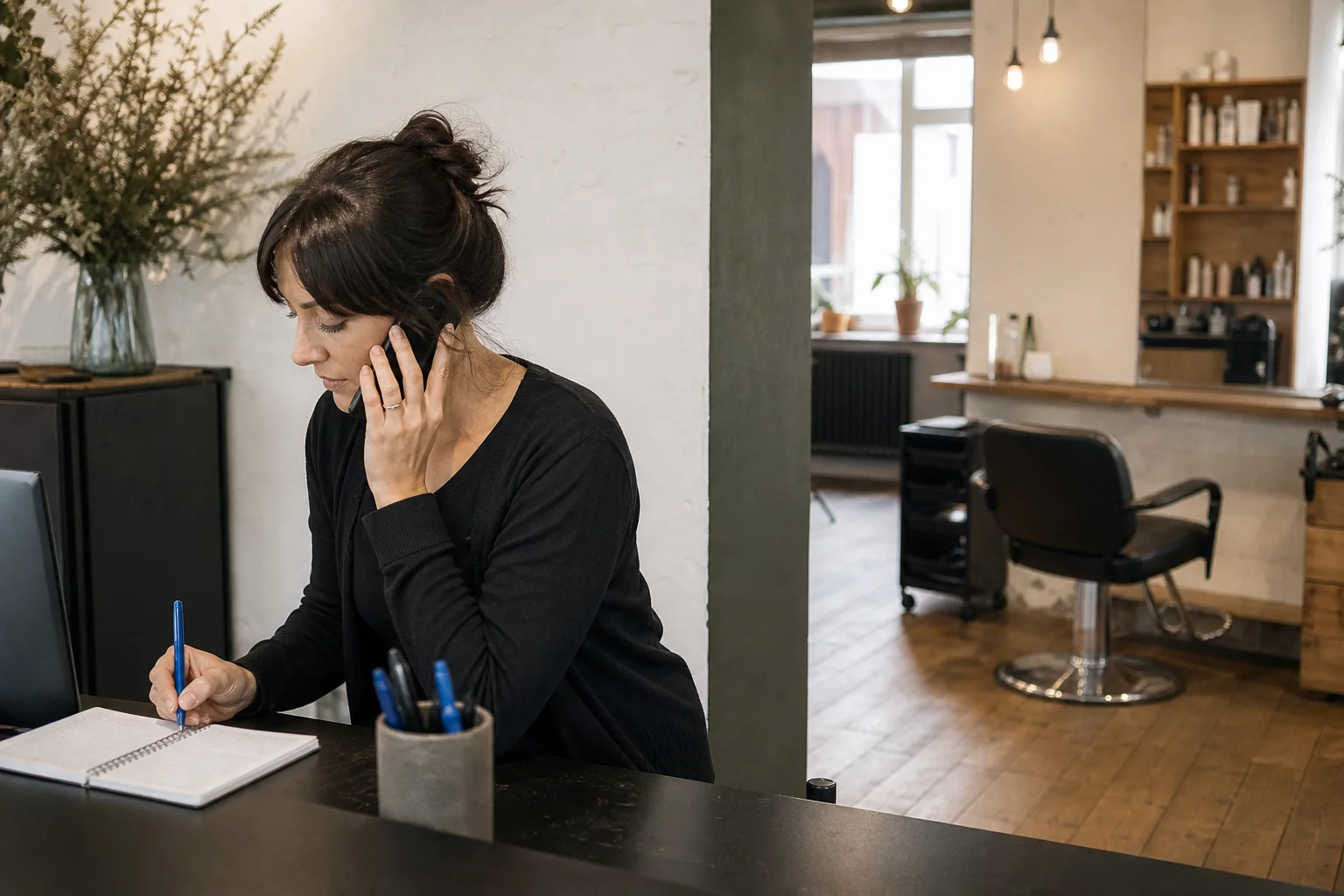 A salon administrator updates the schedule while speaking with a client by phone; an empty salon chair is visible behind her.