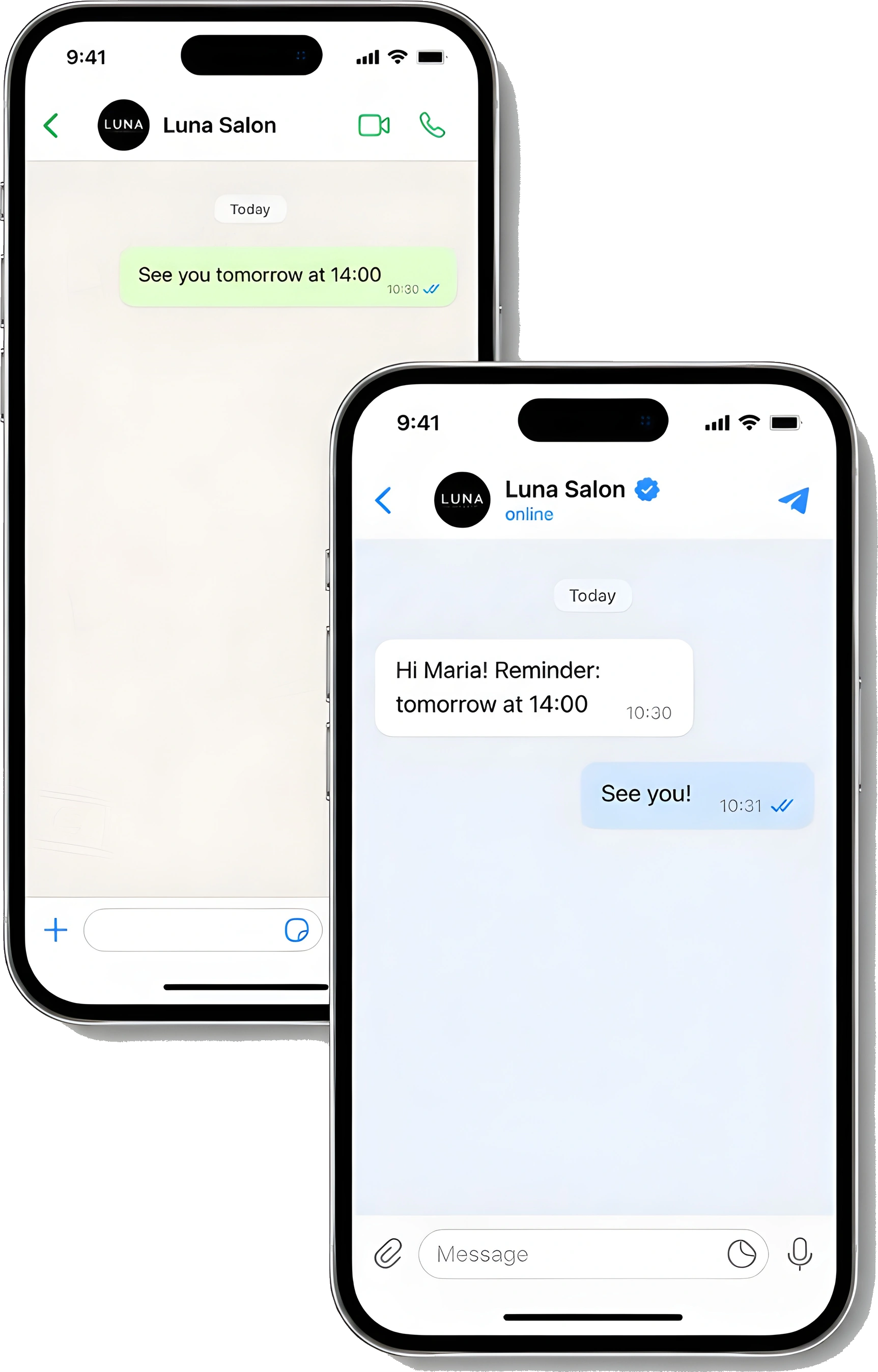 Two phones: a Telegram and a WhatsApp reminder from the salon, with the client replying